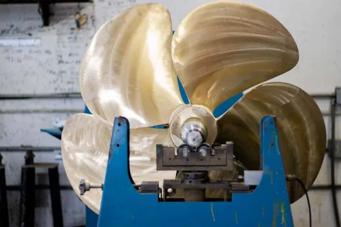 Polished four-blade propeller on the balancing stand